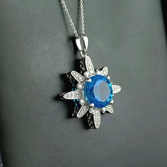 Caribbean Quartz & Natural White Zircon Accented Sunburst Pendant Necklace - Picture 3 of 8